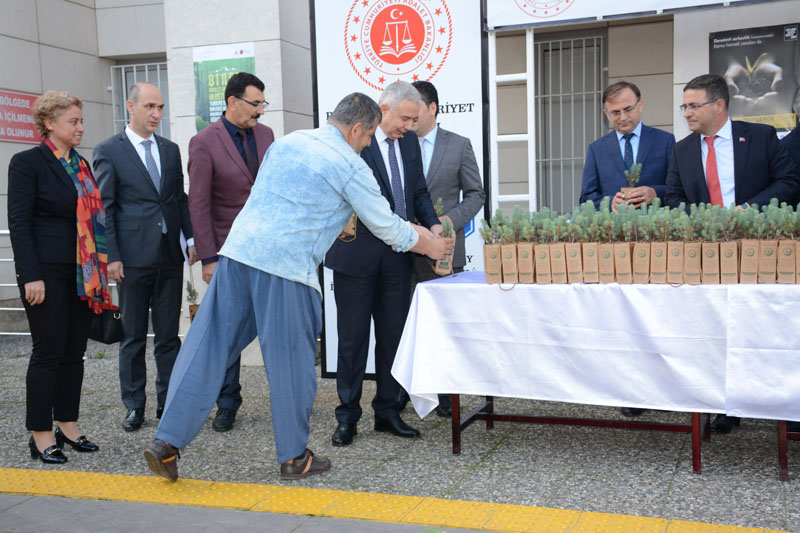 Adliye önünde fidan dağıtıldı